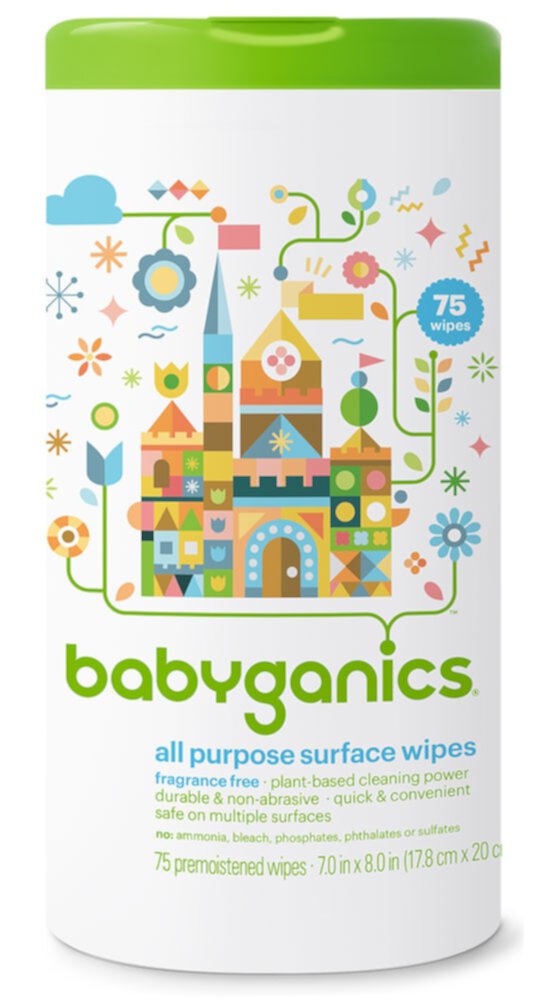 Универсальные чистящие средства для детей Babyganics All Purpose Surface Wipes Fragrance Free -- 75 салфеток Babyganics