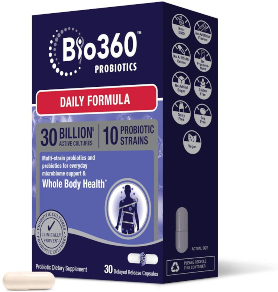 Пробиотики Ежедневная Формула - 30 миллиардов активных культур - 30 капсул с замедленным высвобождением - Bio360 Bio360
