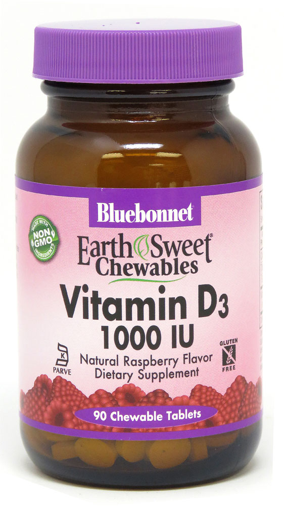 Витамин D3, Естественная малина - 1000МЕ - 90 жевательных таблеток - Bluebonnet Nutrition Bluebonnet Nutrition