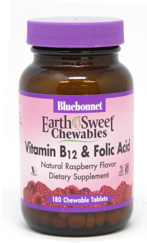 Bluebonnet Nutrition EarthSweet® Chewables Витамин B12 и фолиевая кислота Натуральная малина -- 180 жевательных таблеток Bluebonnet Nutrition