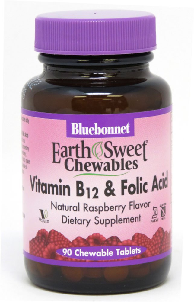 EarthSweet® Chewables (Жевательные таблетки) Vitamin B12 & Folic Acid Natural Raspberry -- 90 Chewable Tablets (Жевательные таблетки) Bluebonnet Nutrition