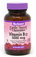 EarthSweet® Chewables (Жевательные таблетки) Vitamin B12 Natural Raspberry -- 5000 mcg - 60 Chewable Tablets (Жевательные таблетки) Bluebonnet Nutrition