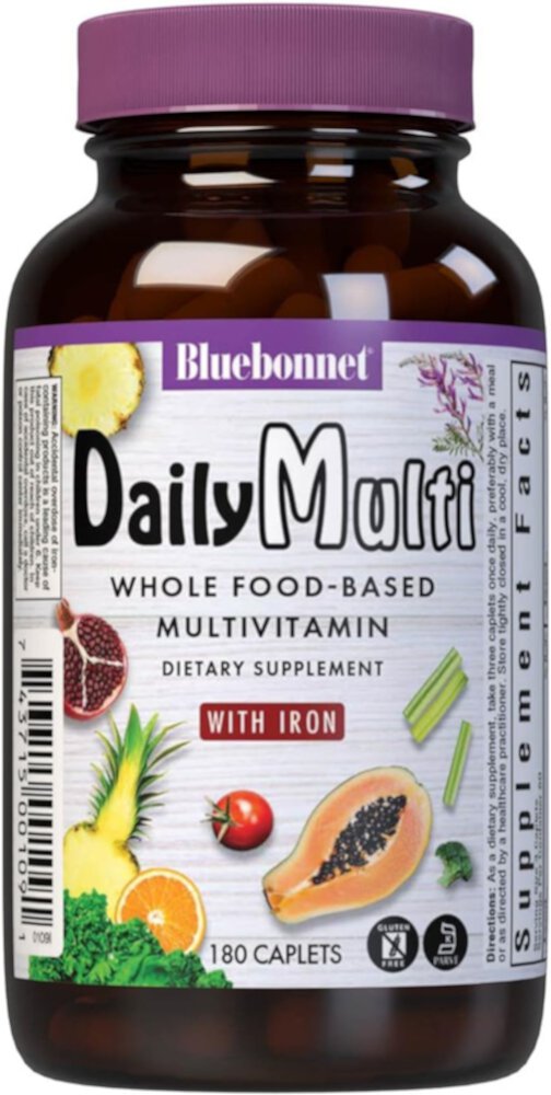 DailyMulti Whole Food-Based Multivitamin With Iron -- 180 Caplets Bluebonnet Nutrition