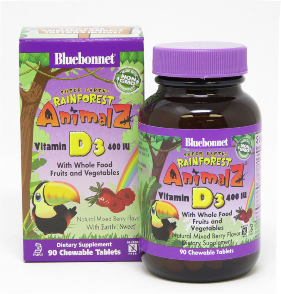 Super Earth® Rainforest Animalz® Vitamin D3 Mixed Berry -- 400 IU - 90 Chewable Tablets (Жевательные таблетки) Bluebonnet Nutrition