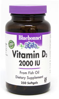 Bluebonnet Nutrition Витамин D3 — 2000 МЕ — 250 мягких капсул Bluebonnet Nutrition