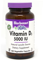 Vitamin D3 -- 5000 IU - 120 Vegetable Capsules (Растительные капсулы) Bluebonnet Nutrition