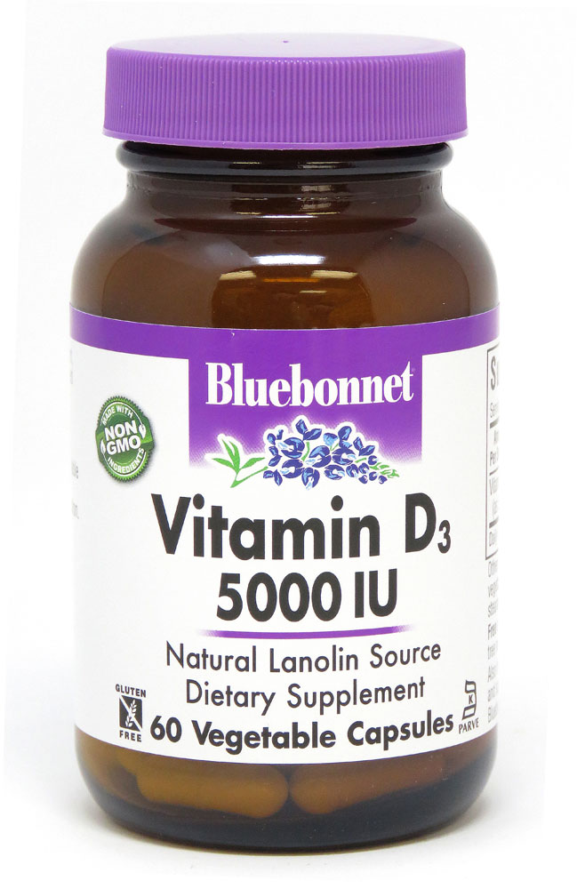 Vitamin D3 -- 5000 IU - 60 Vegetable Capsules (Растительные капсулы) Bluebonnet Nutrition