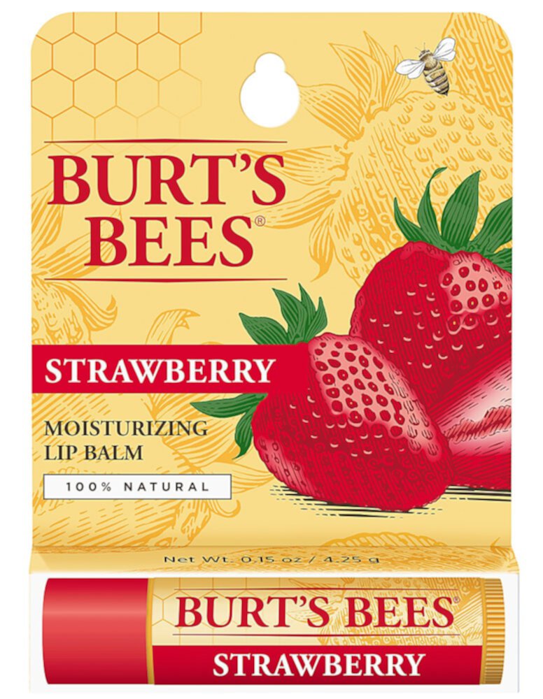 Burt's Bees 100% натуральный увлажняющий бальзам для губ с пчелиным воском и фруктовыми экстрактами клубники - тюбик 0,15 унции BURT'S BEES