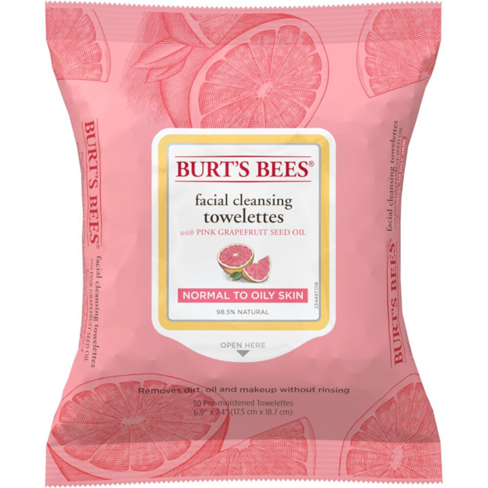 Очищающие салфетки для лица Burt's Bees для нормальной и жирной кожи Розовый грейпфрут -- 30 салфеток BURT'S BEES
