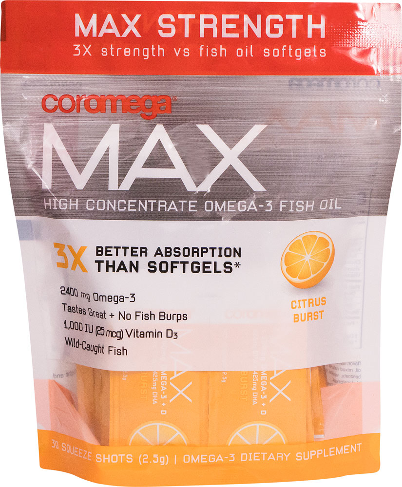 Coromega Max High Concentrate Omega-3 Fish Oil Squeeze Shots Citrus Burst -- 30 Squeeze Shots Coromega