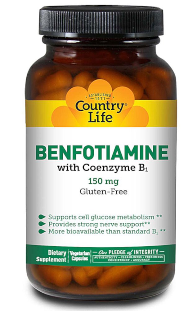 Бенфотиамин с Тиамином - 150 мг - 60 вегетарианских капсул - Country Life Country Life