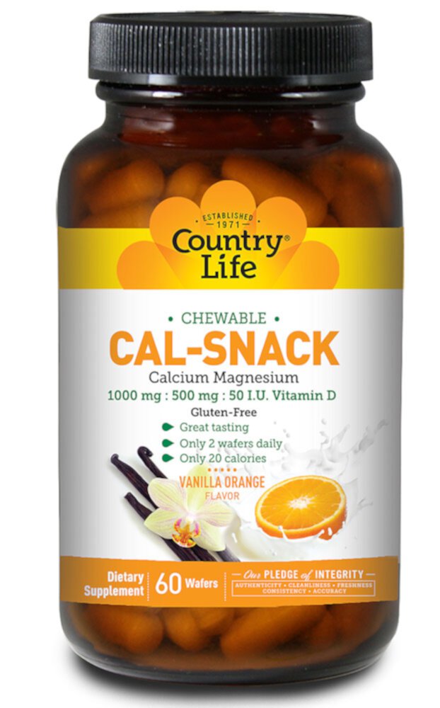 Country Life Cal-Snack Жевательные таблетки с кальцием, магнием, ванилью и апельсином — 60 вафель Country Life