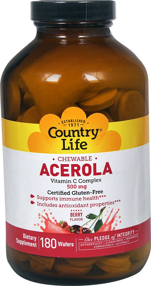 Жевательные Вафли Acerola Витамин С - 500 мг - 180 вафель - Country Life Country Life
