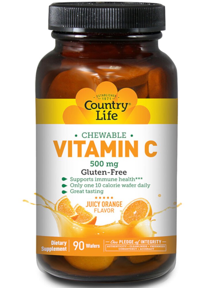 Country Life Жевательная таблетка с витамином С, сочный апельсин, 500 мг, 90 вафель Country Life