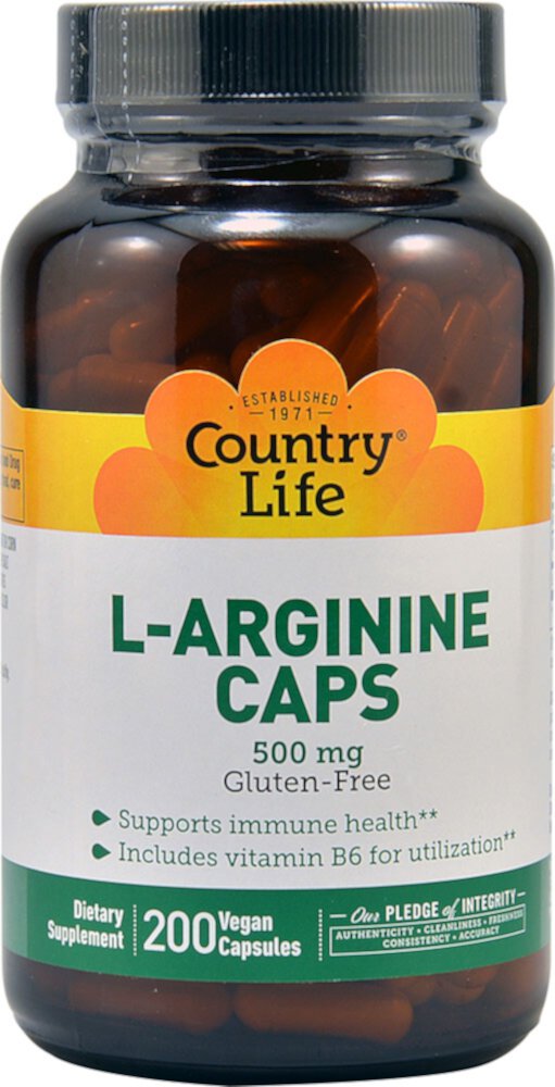 L-Arginine Caps -- 500 mg - 200 Vegetarian Capsules (Вегетарианские капсулы) Country Life