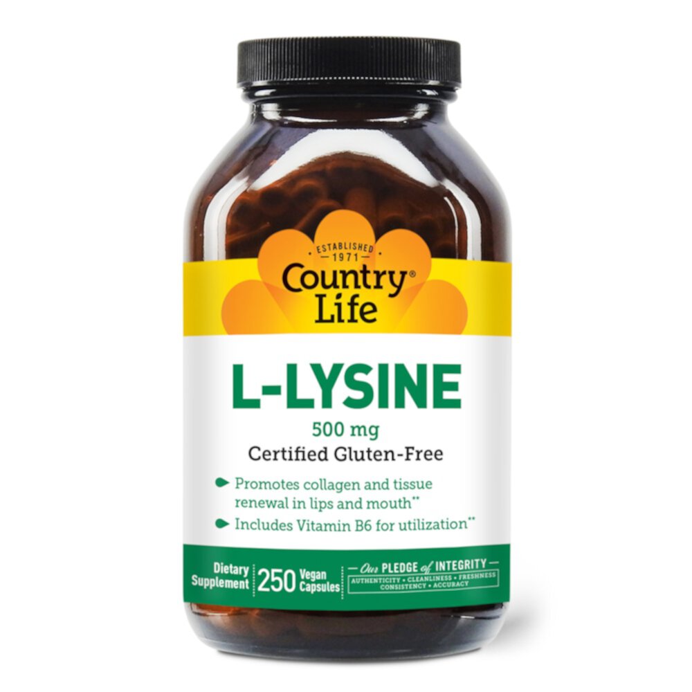 L-Lysine Caps -- 500 mg - 250 Vegetarian Capsules (Вегетарианские капсулы) Country Life