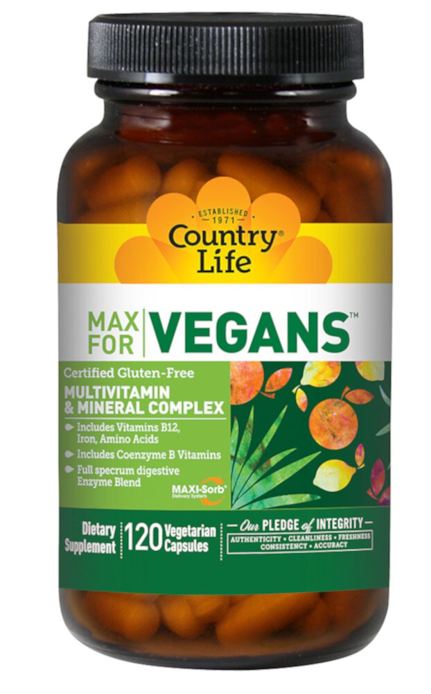 Country Life Max для веганов Мультивитаминный и минеральный комплекс — 120 веганских капсул Country Life