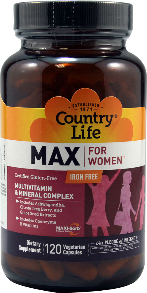 Макс для Женщин без Железа - Мультивитамины - 120 вегетарианских капсул - Country Life Country Life