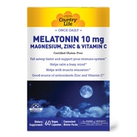 Country Life Мелатонин 10 мг, магний, цинк и витамин С — 60 веганских капсул Country Life