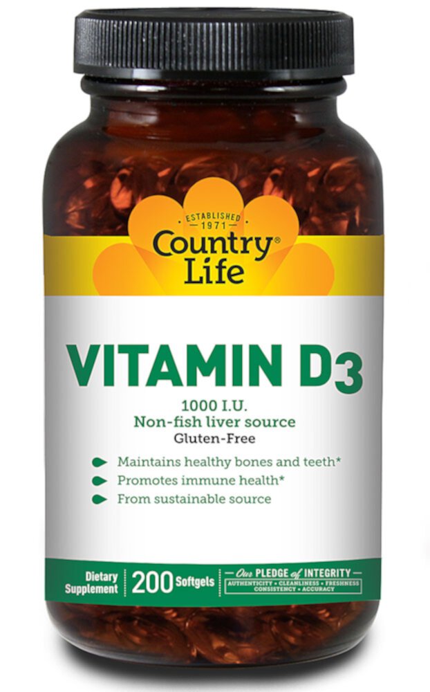 Country Life Витамин D3 – 1000 МЕ – 200 капсул Country Life