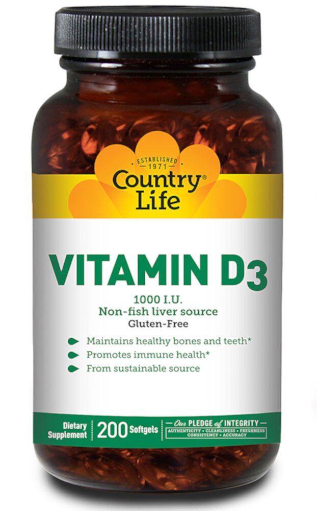 Vitamin D3 -- 1000 IU - 200 Softgels (Мягкие капсулы) Country Life