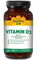 Vitamin D3 -- 1000 IU - 200 Softgels (Мягкие капсулы) Country Life