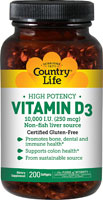 Витамин D3 - 10000 МЕ - 200 мягких капсул - Country Life Country Life