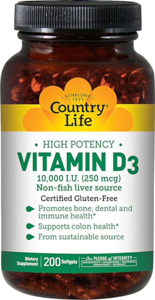 Витамин D3 - 10000 МЕ - 200 мягких капсул - Country Life Country Life