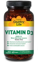Витамин D3 - 2500 МЕ - 60 мягких капсул - Country Life Country Life