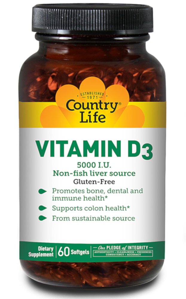 Country Life Витамин D3 – 5000 МЕ – 60 мягких таблеток Country Life