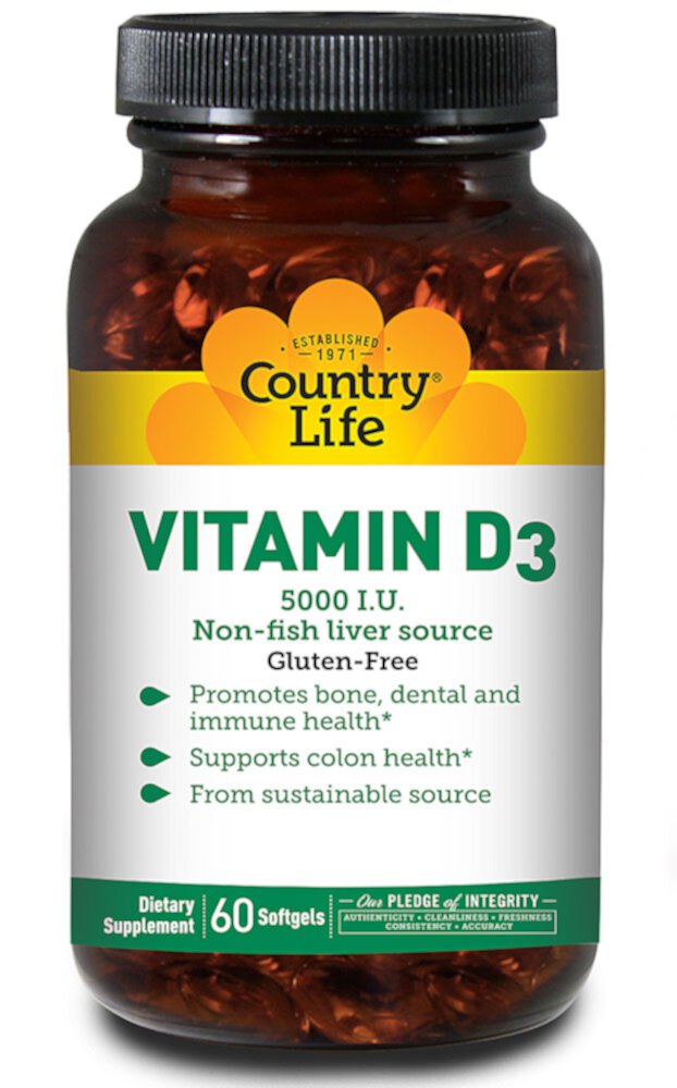 Vitamin D3 -- 5000 IU - 60 Softgels (Мягкие капсулы) Country Life