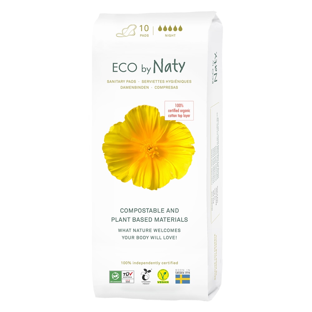Eco by Naty Компостируемые гигиенические прокладки Ночная впитываемость -- 10 прокладок Eco by Naty