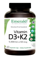 Витамин D3 + K2 - 5000 + 50 мкг - 60 растительных капсул - Emerald Labs Emerald Labs
