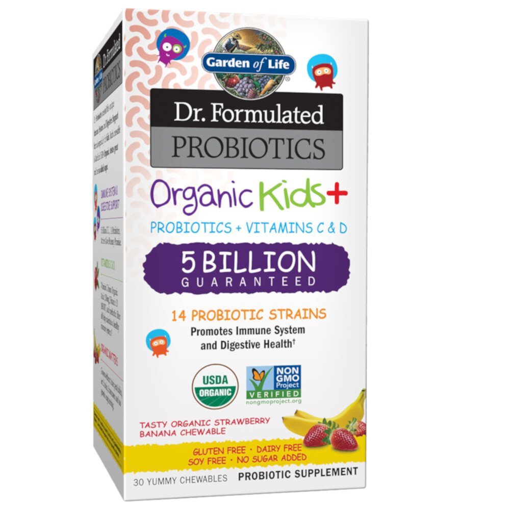 Dr. Formulated Probiotics Organic Kids plus Strawberry Banana -- 5 billion - 30 Chewables (Жевательные таблетки) Garden of Life