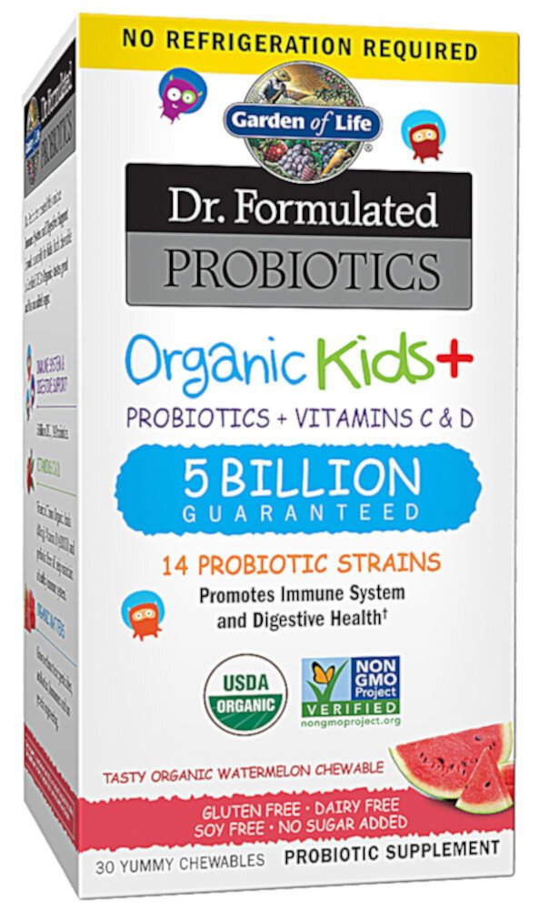 Dr. Formulated Shelf Stable Probiotics Organic Kids plus Watermelon -- 5 billion - 30 Chewables (Жевательные таблетки) Garden of Life