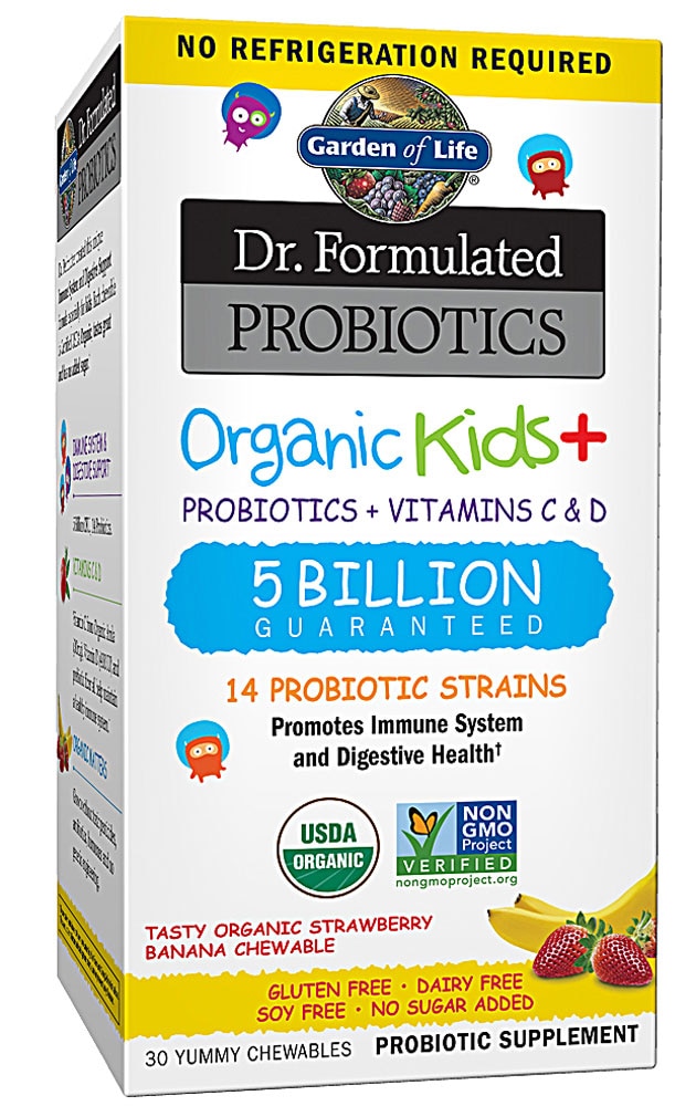 Dr. Formulated Shelf Stable Probiotics Organic Kids plus Strawberry Banana -- 5 billion - 30 Chewables (Жевательные таблетки) Garden of Life