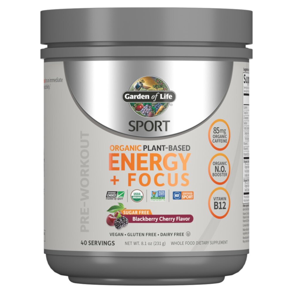 Sport Organic Pre-Workout Energy + Focus без сахара — сертифицирован NSF для спорта Blackberry Cherry — 8,14 унции Garden of Life