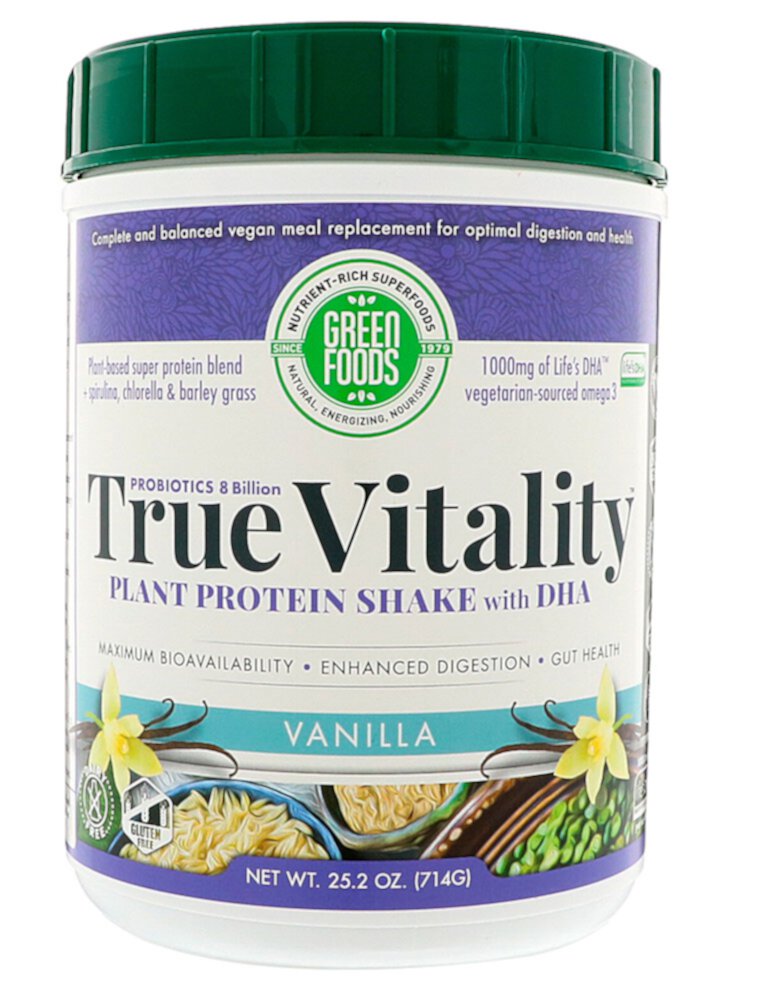 Green Foods True Vitality Растительный протеиновый коктейль с ДГК и ванилью - 25,2 унции Green Foods