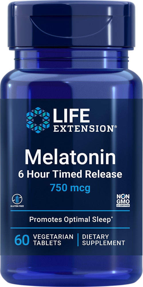Мелатонин с продленным высвобождением 6 часов - 750 мкг - 60 вегетарианских таблеток - Life Extension Life Extension