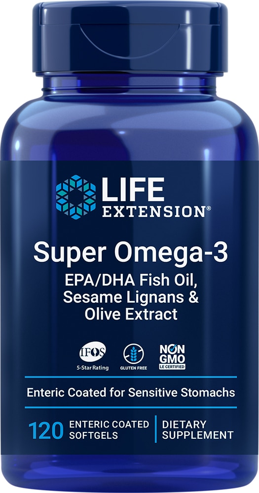 Life Extension Super Omega-3 EPA-DHA с лигнанами кунжута и экстрактом оливы -- 120 мягких капсул с кишечнорастворимой оболочкой Life Extension