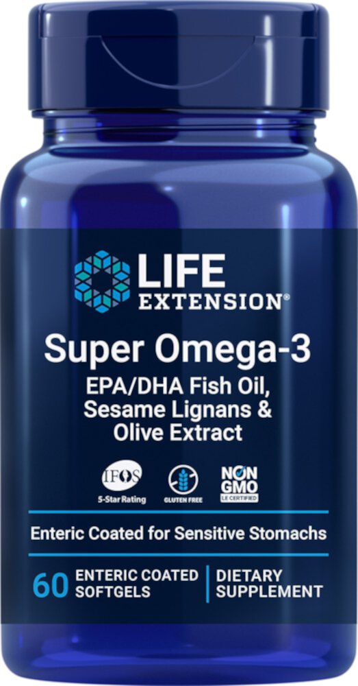 Рыбий жир Super Omega-3 EPA-DHA с лигнанами кунжута и экстрактом оливы — 60 мягких г с кишечнорастворимой оболочкой Life Extension