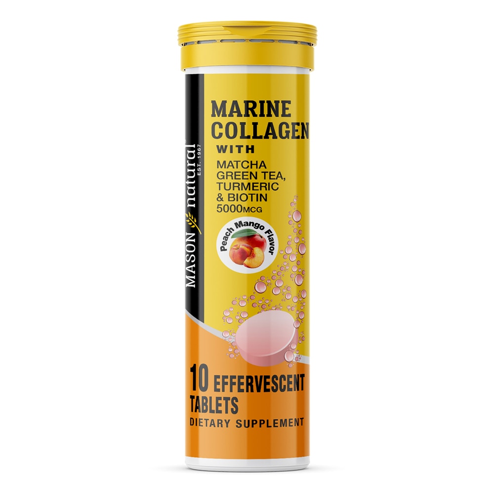 Морской Коллаген с Матча, Куркумой и Биотином - 5000 мкг биотина - 10 шипучих таблеток - Mason Natural Mason Natural