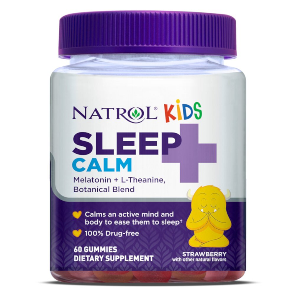 Natrol Kids Sleep + Calm Drug Free Sleep Aid Calm an Active Mind Ease To Sleep Melatonin and L-Theanine Strawberry Flavored -- 60 Gummies Natrol