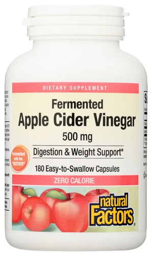 Ферментированный яблочный уксус — 500 мг — 180 капсул, которые легко проглатывать Natural Factors