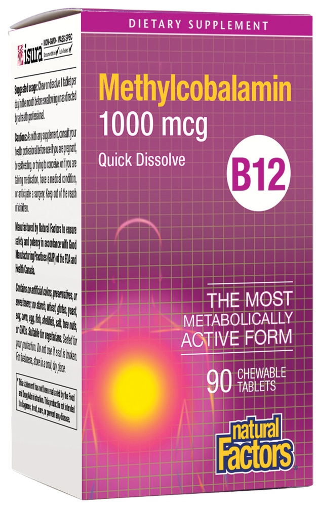 Natural Factors Метилкобаламин B12 -- 1000 мкг -- 90 жевательных таблеток Natural Factors