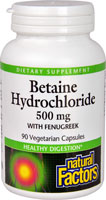 Бетаина гидрохлорид — 500 мг — 90 вегетарианских капсул Natural Factors