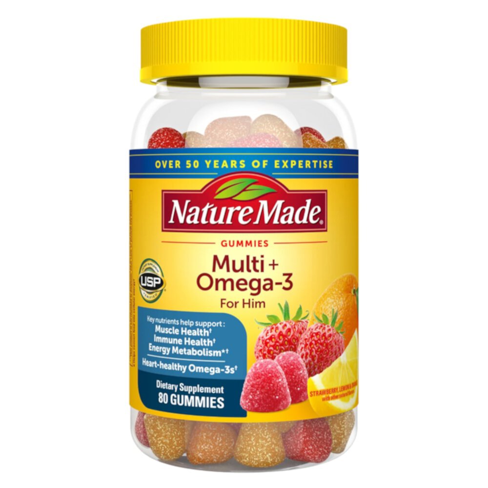 Adult Gummies (Жевательные конфеты) Multi for Him plus Omega-3s Lemon Orange & Strawberry -- 80 Gummies Nature Made