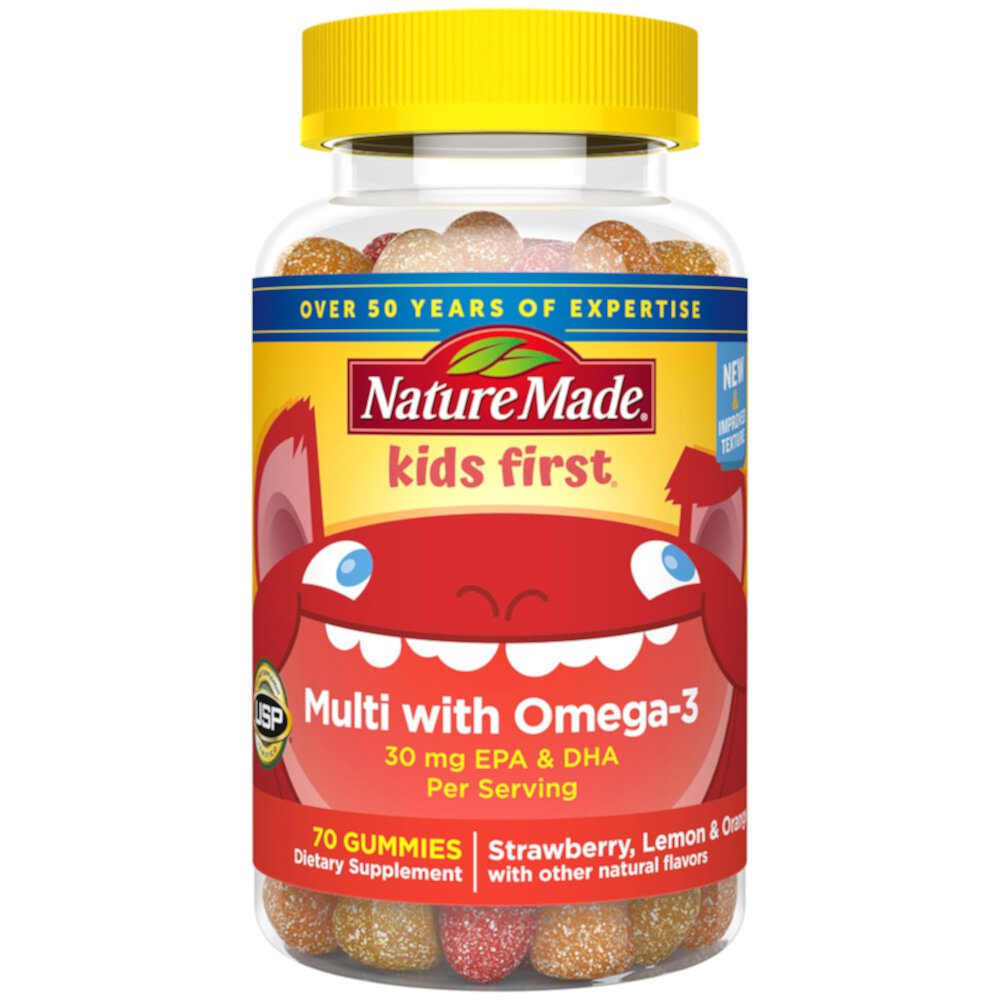 Kids First Multivitamin with Omega-3 Strawberry Lemon & Orange -- 70 Gummies (Жевательные конфеты) Nature Made