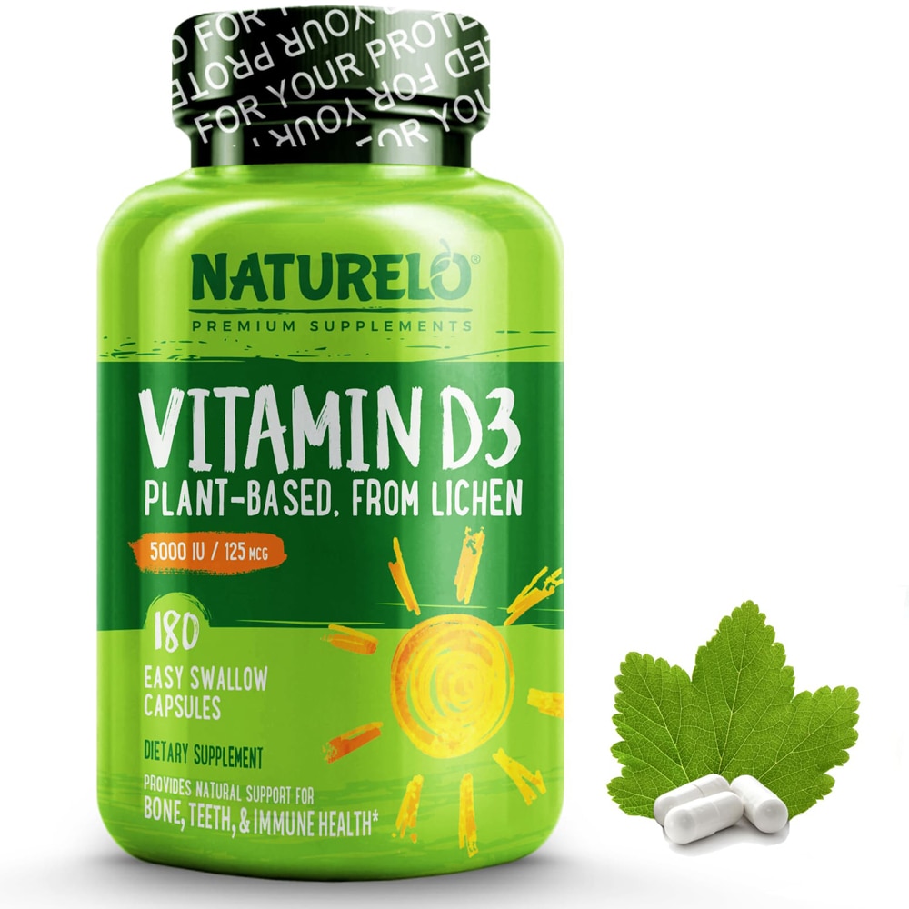 NATURELO Витамин D3 на растительной основе из лишайника — 180 капсул, которые легко проглотить NATURELO