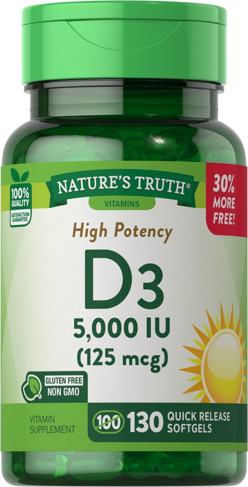 High Potency Vitamin D3 -- 125 mcg - 130 Quick Release Softgels (Мягкие капсулы быстрого высвобождения) Nature's Truth